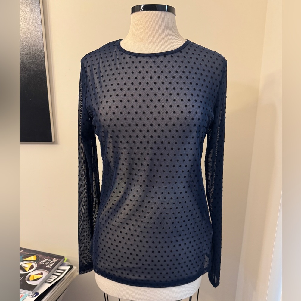 Y.A.S Nessa Mesh Top from ASOS NWT Sz L Black and Blue Polka Dot